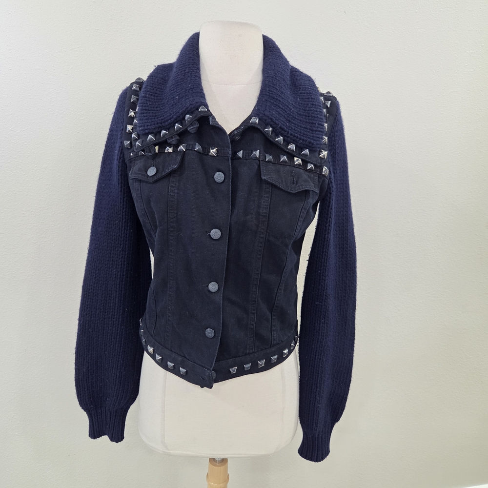 Alexander McQueen Navy Studded Jean Jacket with Knit Sleeves